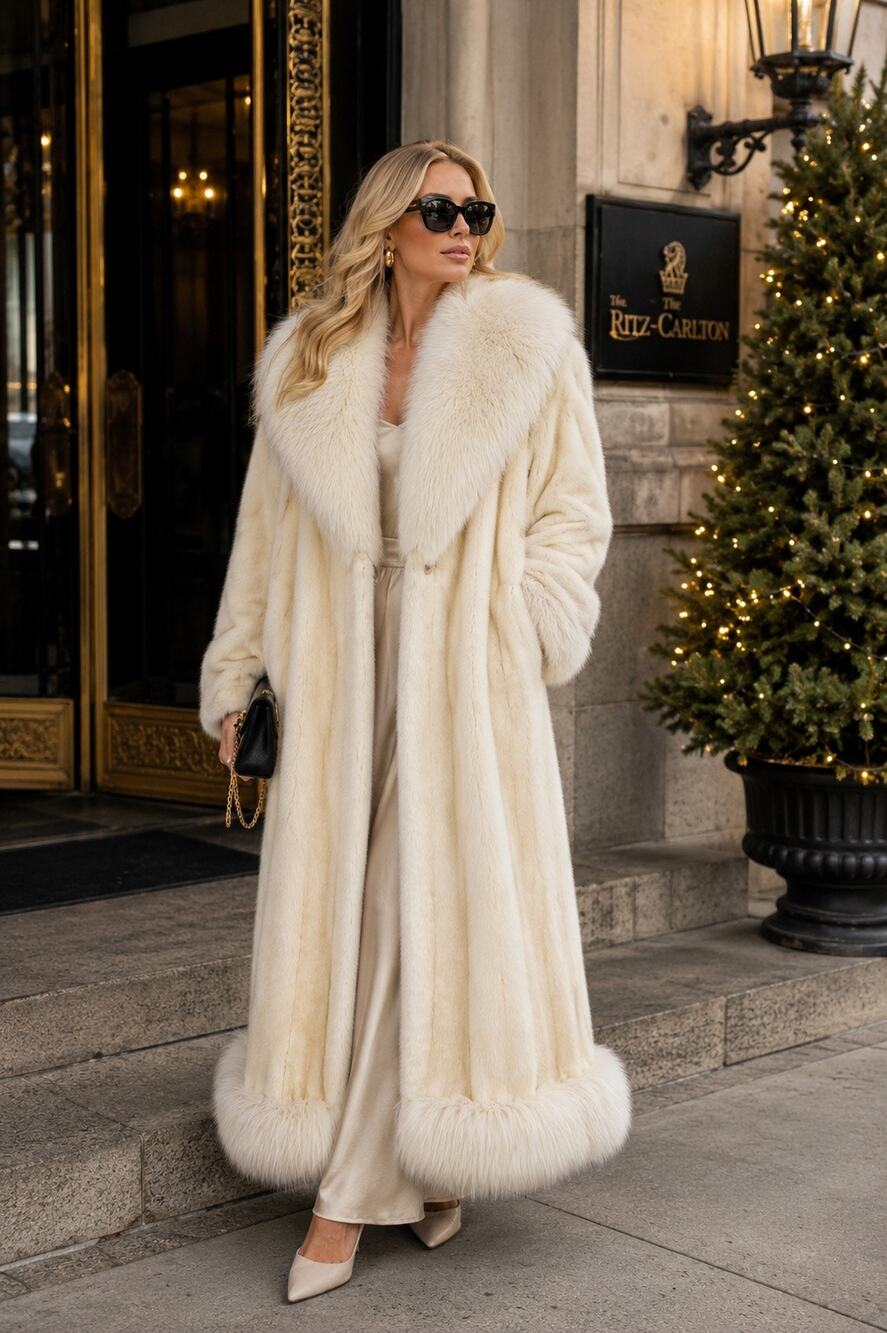 Vintage SZOR-DIENER White Mink Artic Fox Collar Bottom Trim Fur Coat size Large